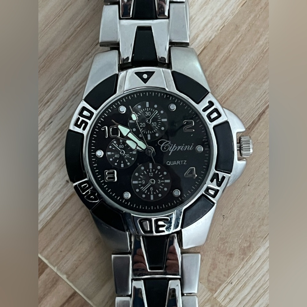 Ciprini Men’s Watch Chronograph Look Black Dial Stainless and Black Bracelet